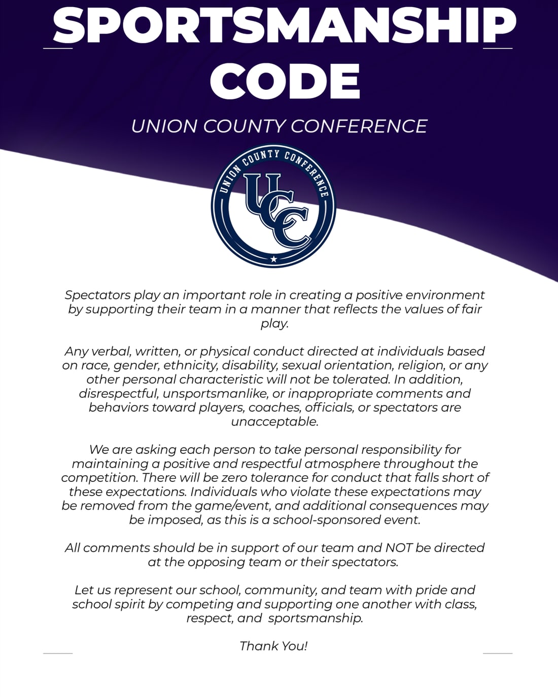 Union County Conference sportsmanship code poster. The full text is written out above.